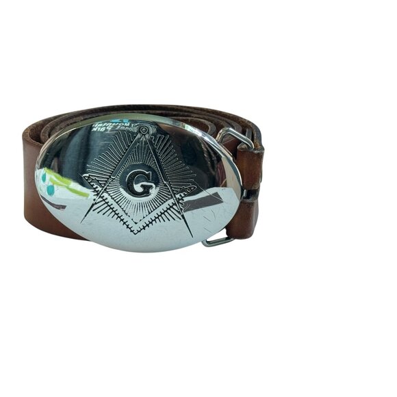 Levi Leather Belt with Solid Brass Masonic Freemasons Belt Buckle - Picture 5 of 8